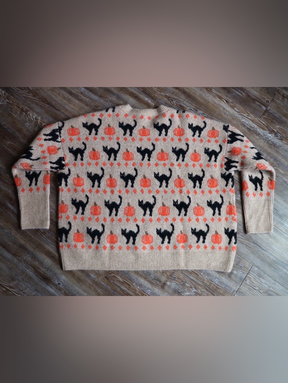 Spooky Tan Black Cat Orange Pumpkin Halloween Sweater Soft Knit Slouchy XL - Picture 6 of 16